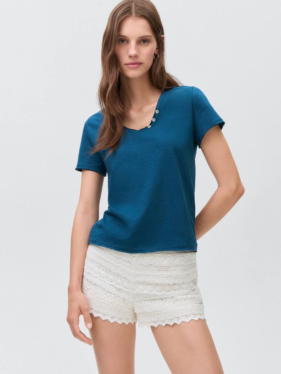 V-Neck Button Detail Pure Cotton T-shirt