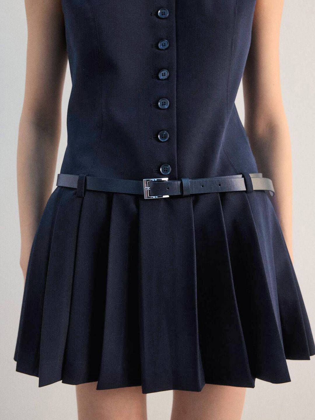 V-Neck Pleated Belted A-Line Mini Dress