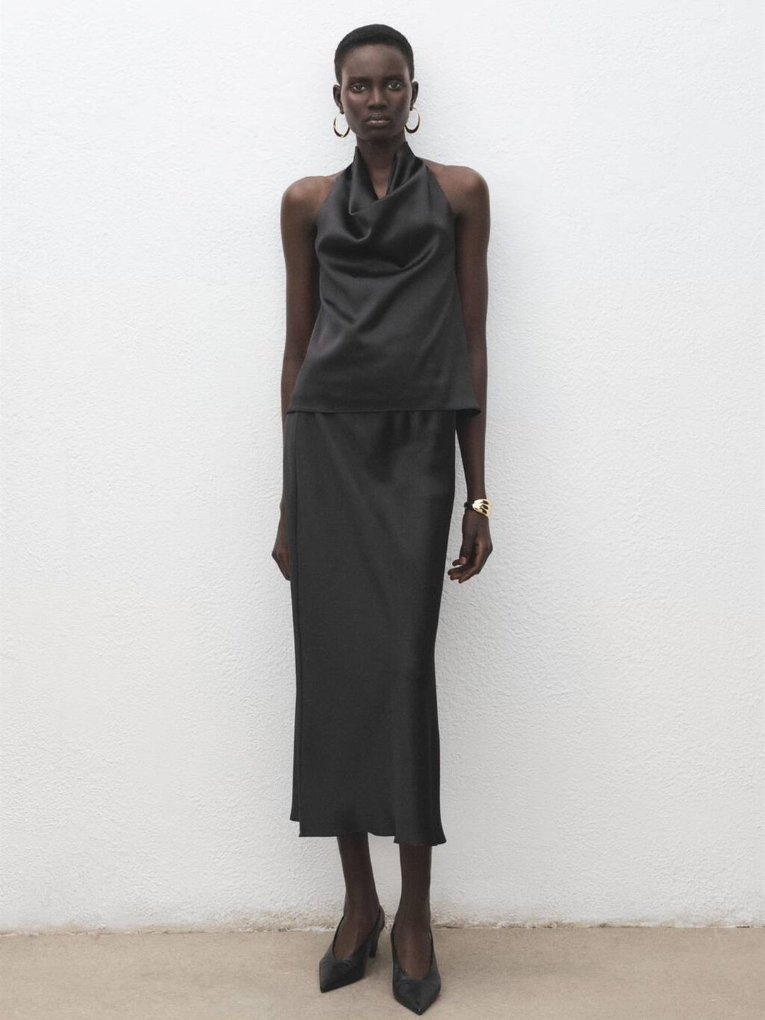 Satin Finish Mid-Rise A-Line Midi Skirt