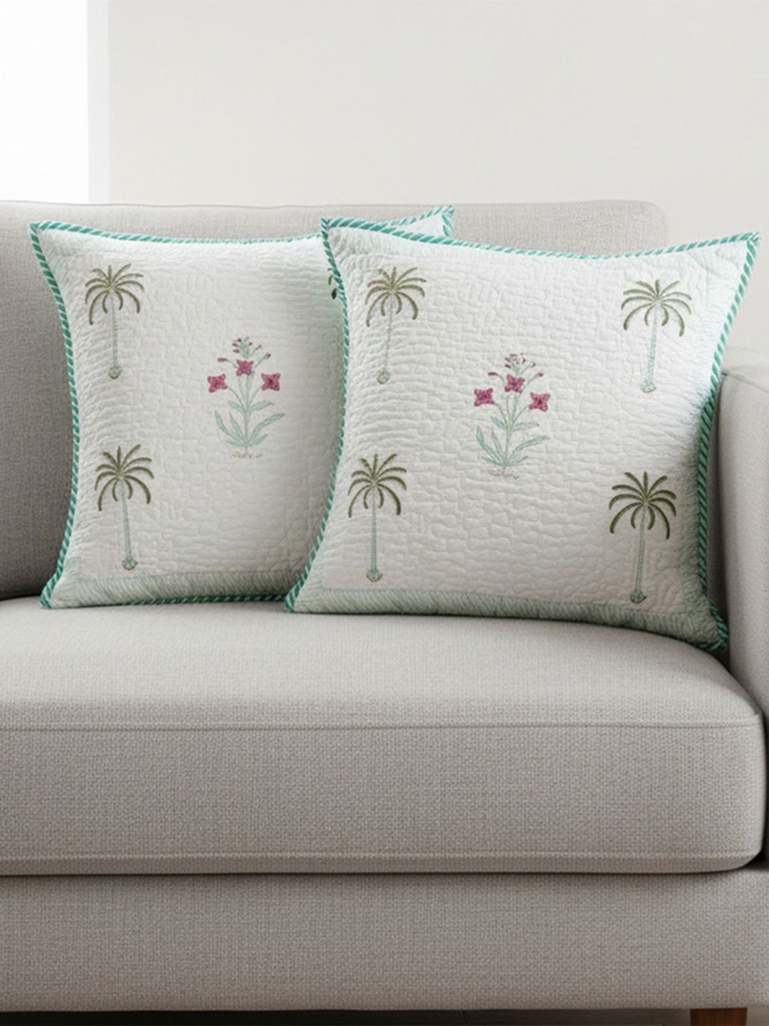 2 Pieces Square Cushion Covers HOMEMONDE Green & White 2 Pieces Floral Cotton Square Cushion Covers