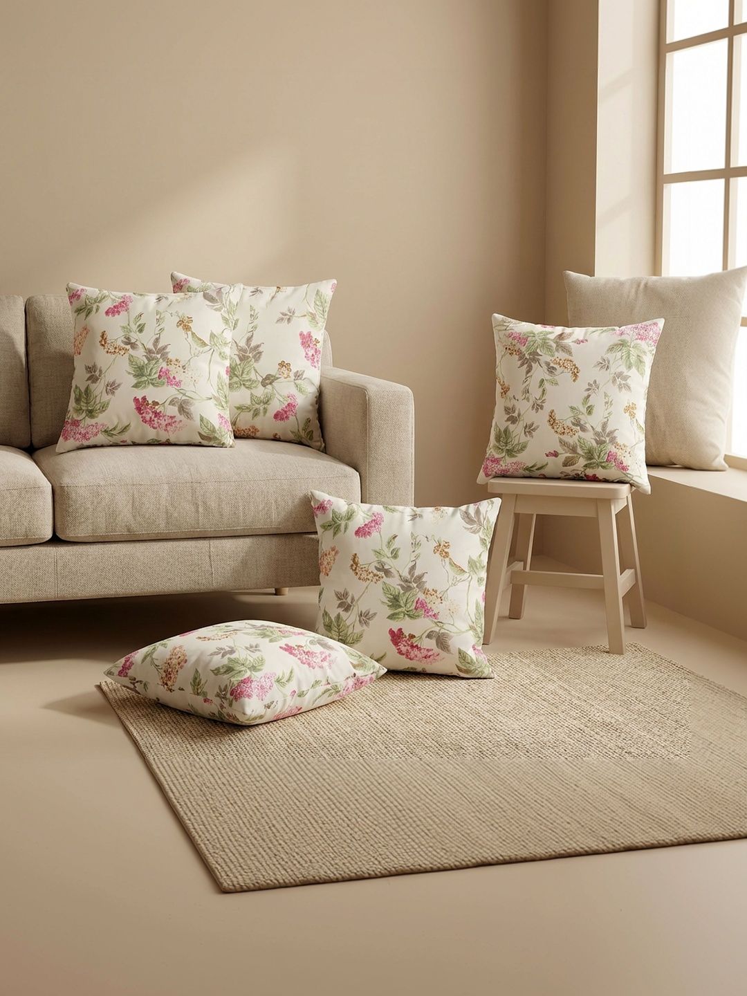 Clasiko White & Pink Set of 5 Floral Square Cushion Covers