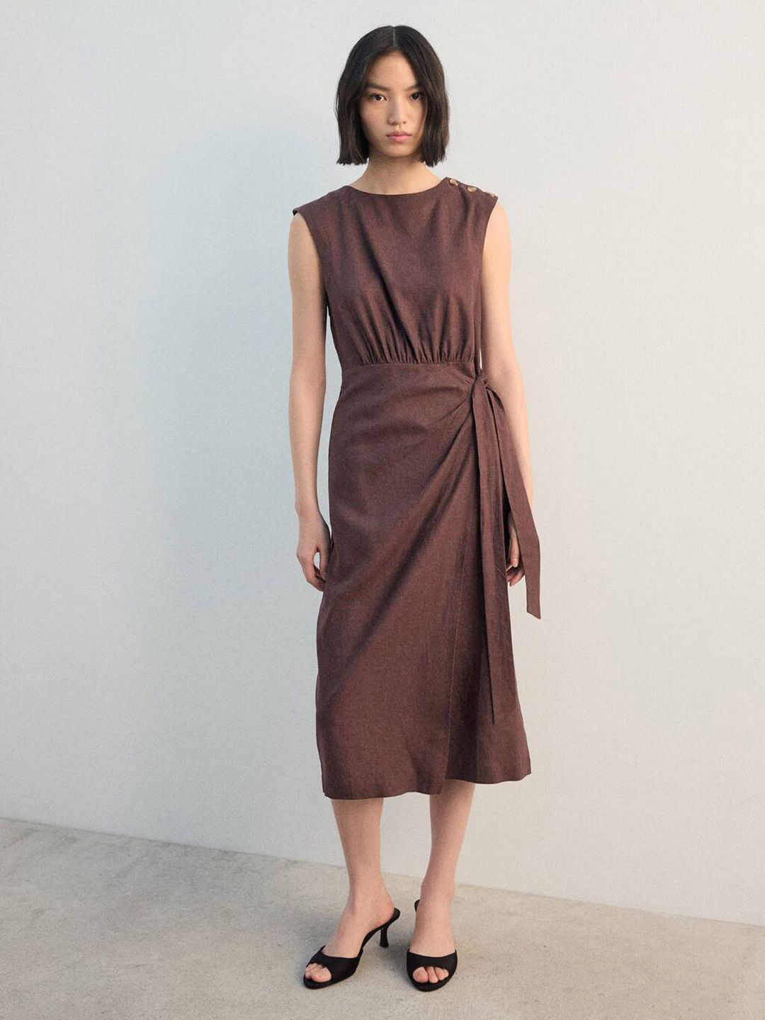 Faux Wrap Sheath Midi Dress with Waist Tie-Up