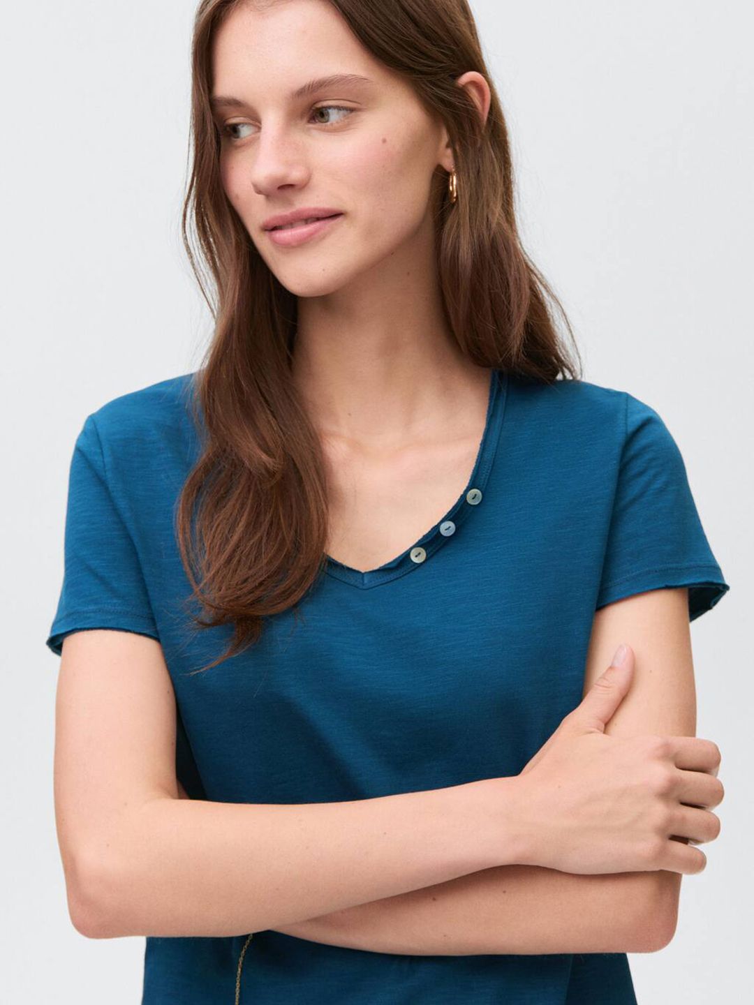 V-Neck Button Detail Pure Cotton T-shirt