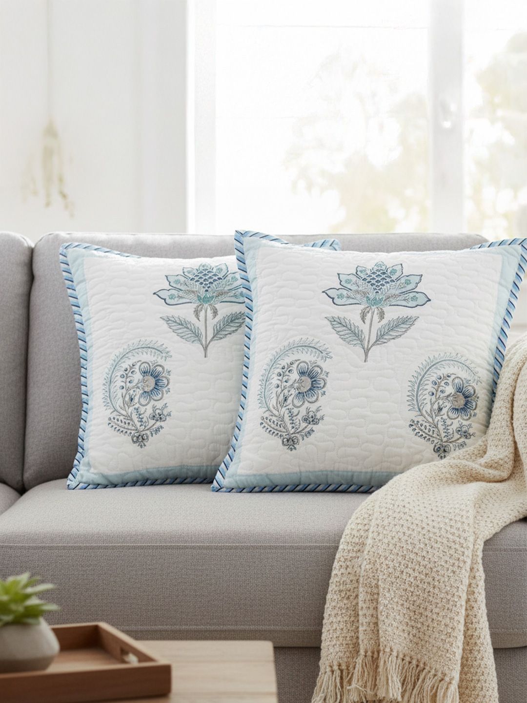 HOMEMONDE Blue 2 Pieces Floral Square Cushion Covers