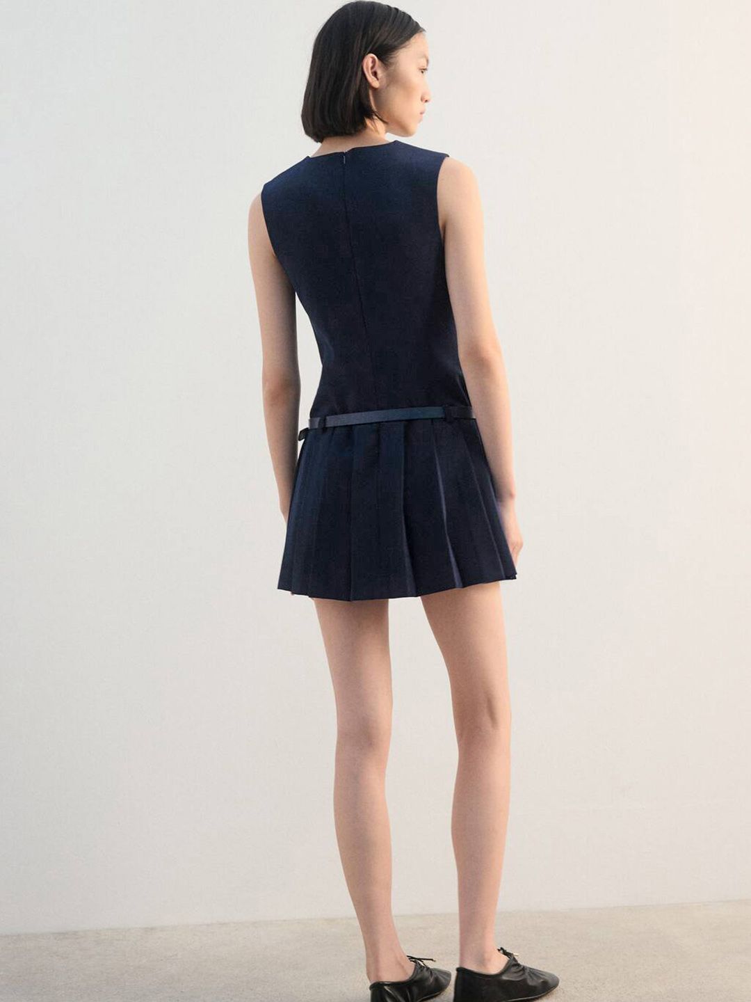 V-Neck Pleated Belted A-Line Mini Dress