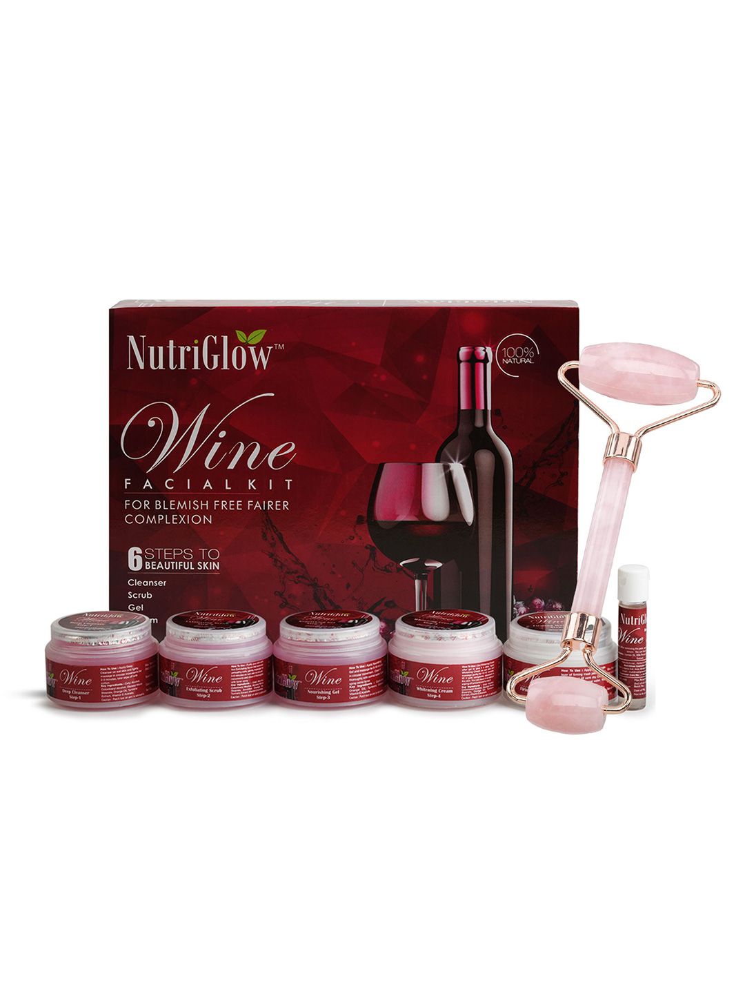NutriGlow Wine Facial Kit For Glowing Skin - Tan Removal - Blemish Free - Jade Roller