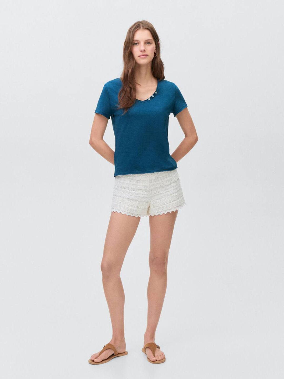 V-Neck Button Detail Pure Cotton T-shirt
