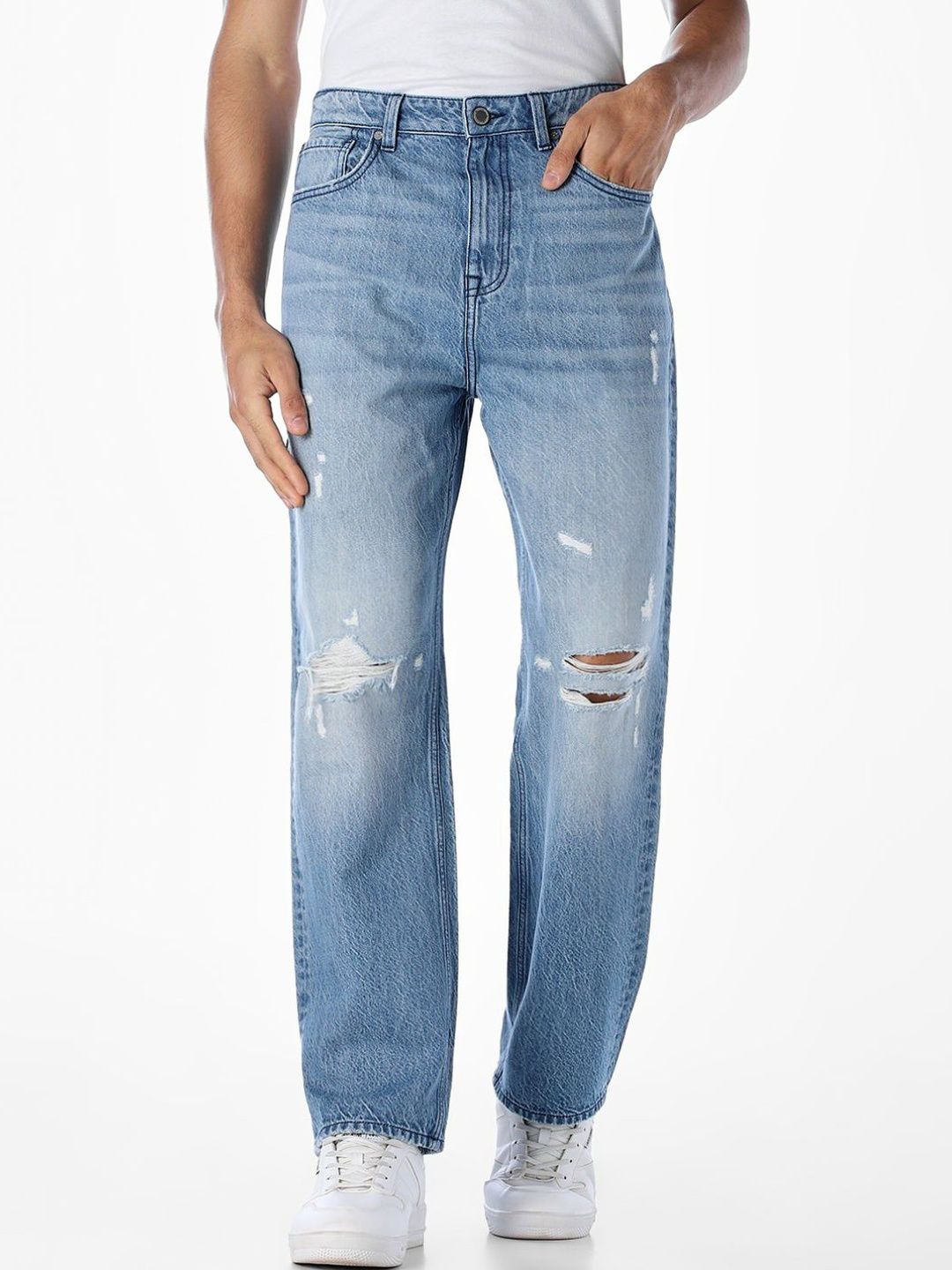 Wide Leg High-Rise Highly Distressed Light Fade Jeans