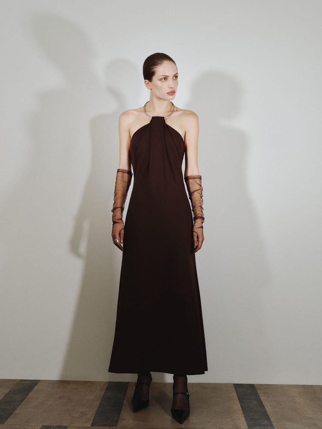 Choker Neck Gathered A-Line Midi Dress