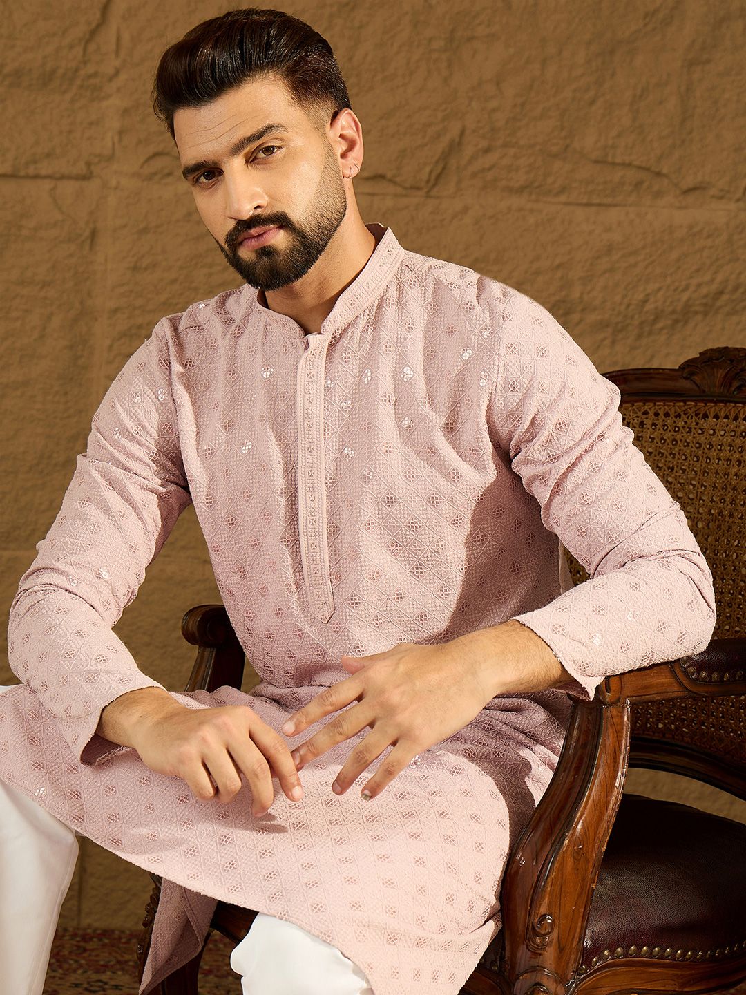 House of Pataudi Embroidered Viscose Rayon Mandarin Collar Straight Kurta