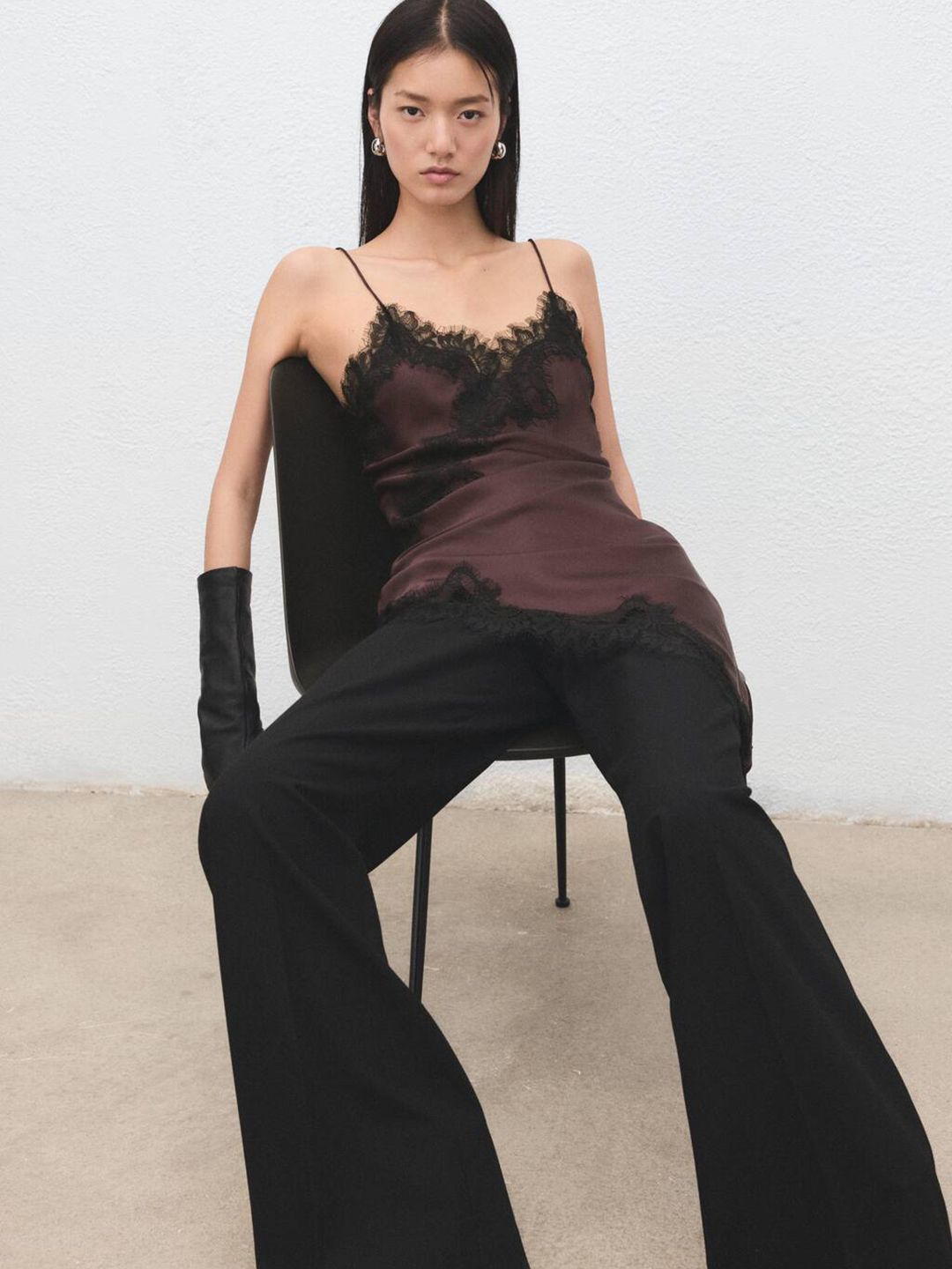 Lace Inserts Satin Longline Asymmetric Hem Top