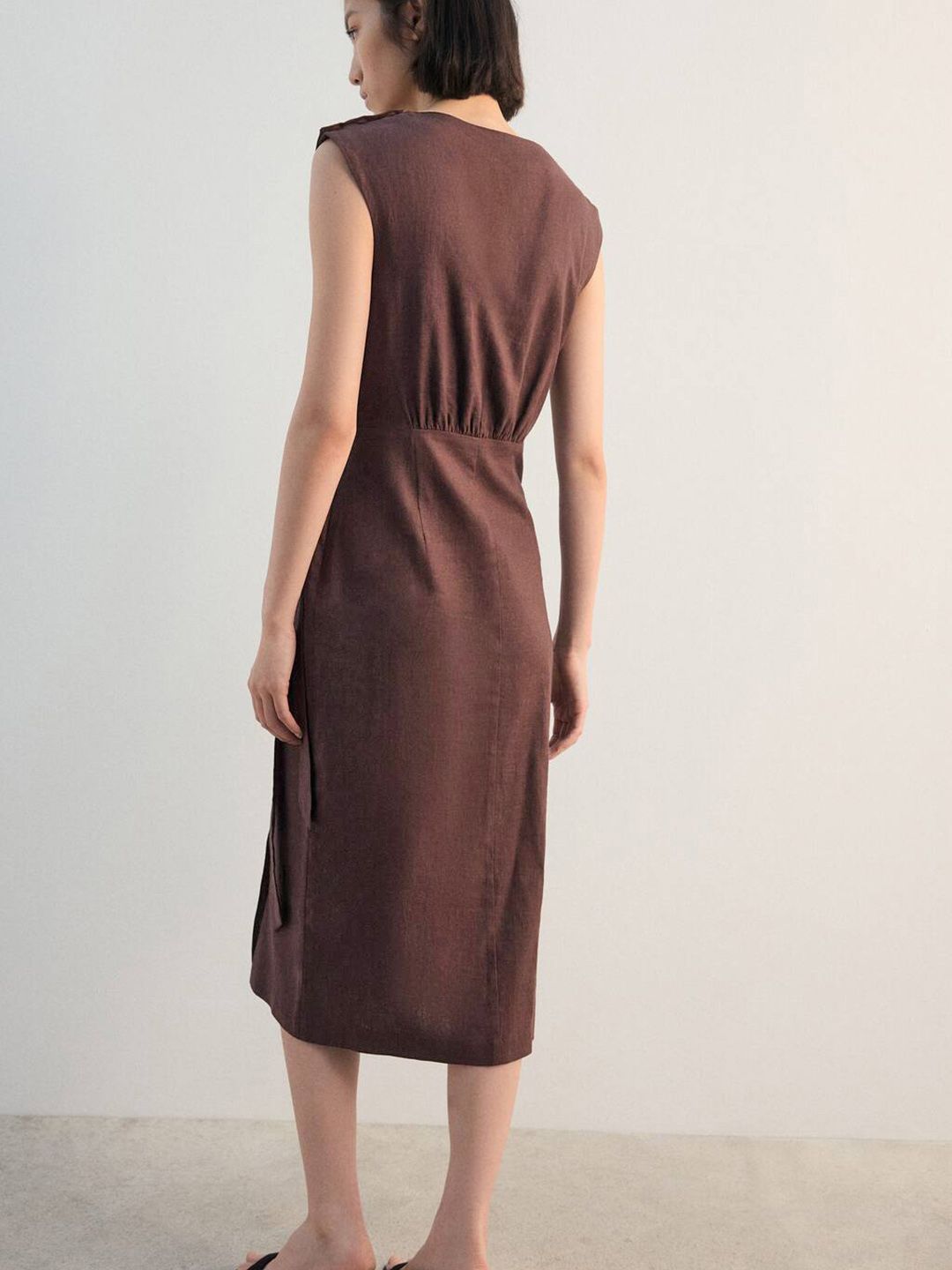 Faux Wrap Sheath Midi Dress with Waist Tie-Up