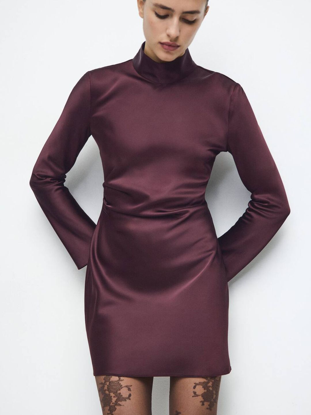 Satin Finish High Neck Sheath Mini Dress