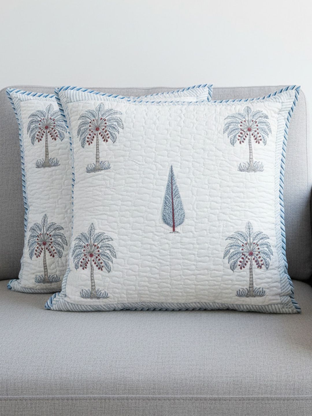 HOMEMONDE HOMEMONDE Blue & White 2 Pieces Floral Cotton Square Cushion Covers