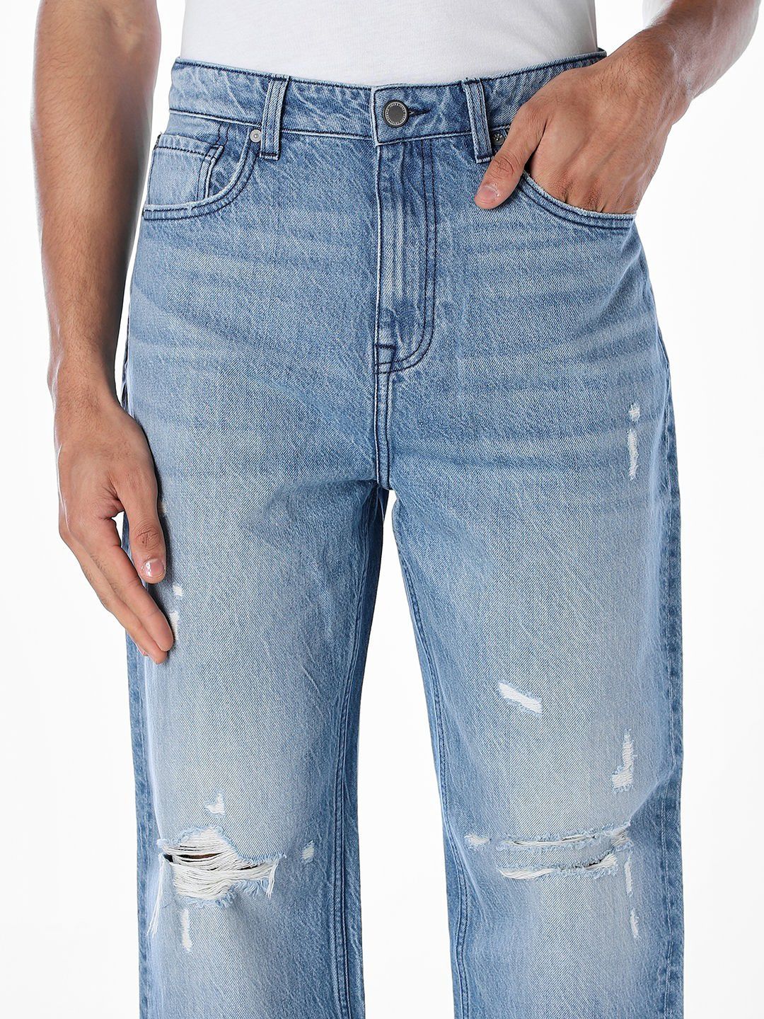 Wide Leg High-Rise Highly Distressed Light Fade Jeans