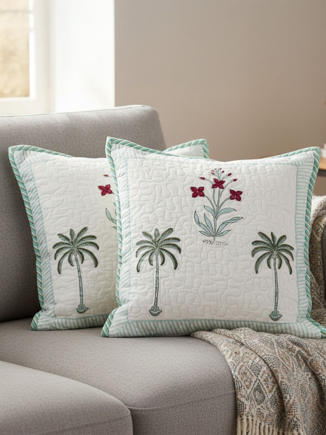 HOMEMONDE HOMEMONDE Block Print Green Floral Cotton 2 Piece Square Cushion Covers -16x16In