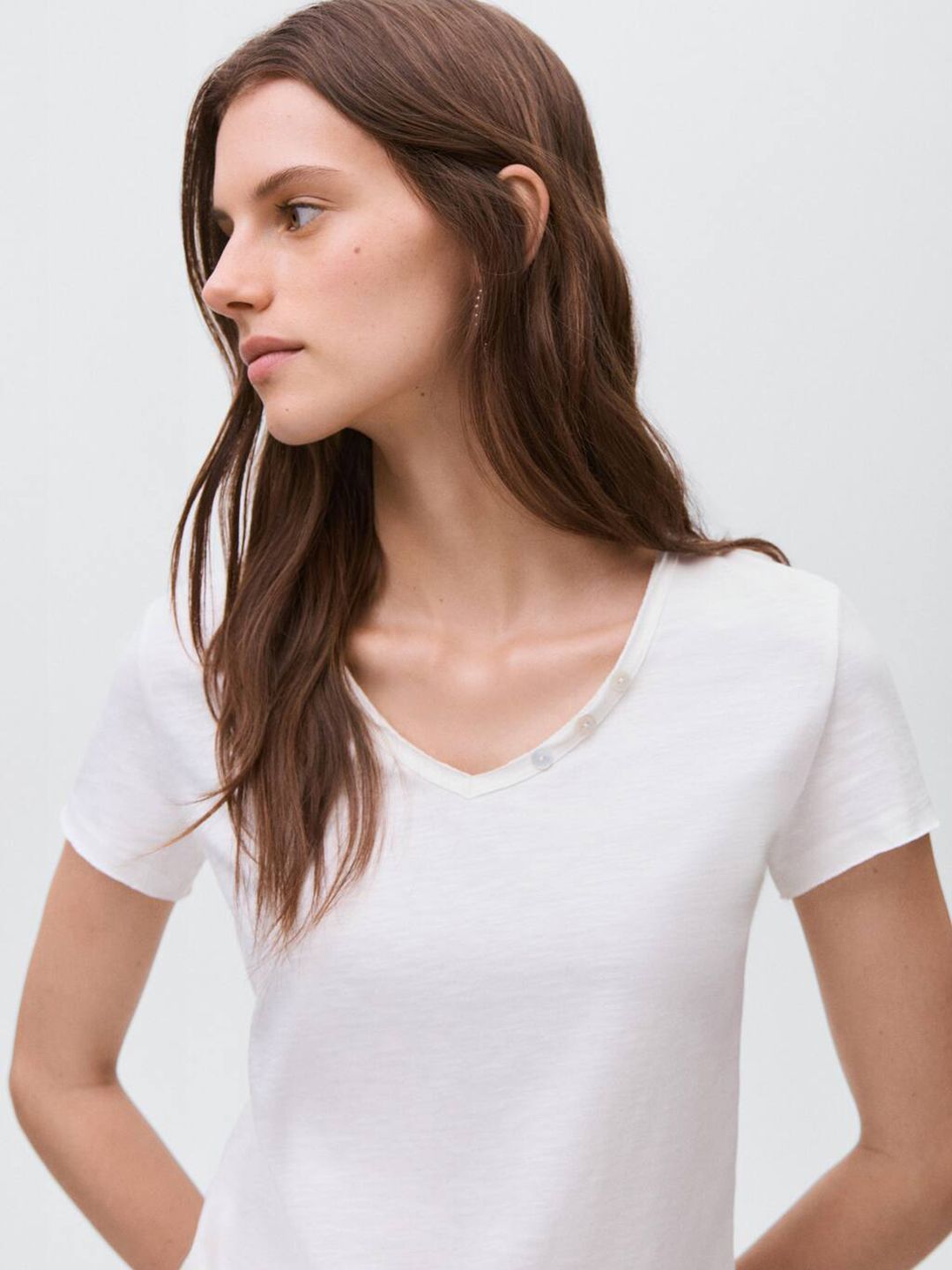 V-Neck Button Detail Pure Cotton T-shirt