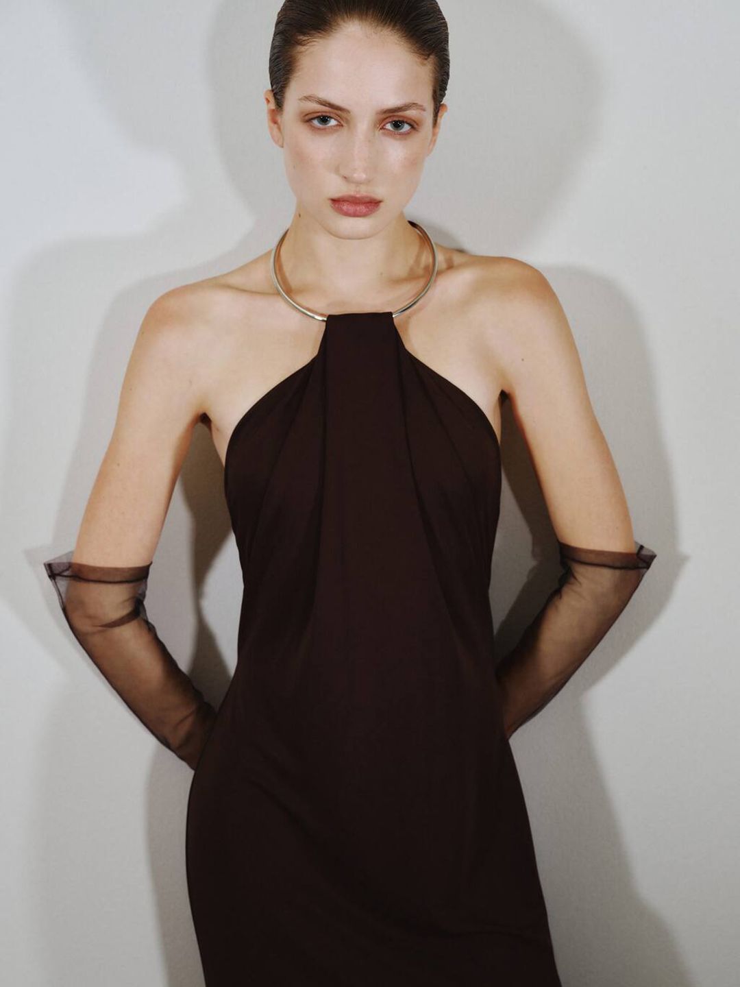 Choker Neck Gathered A-Line Midi Dress