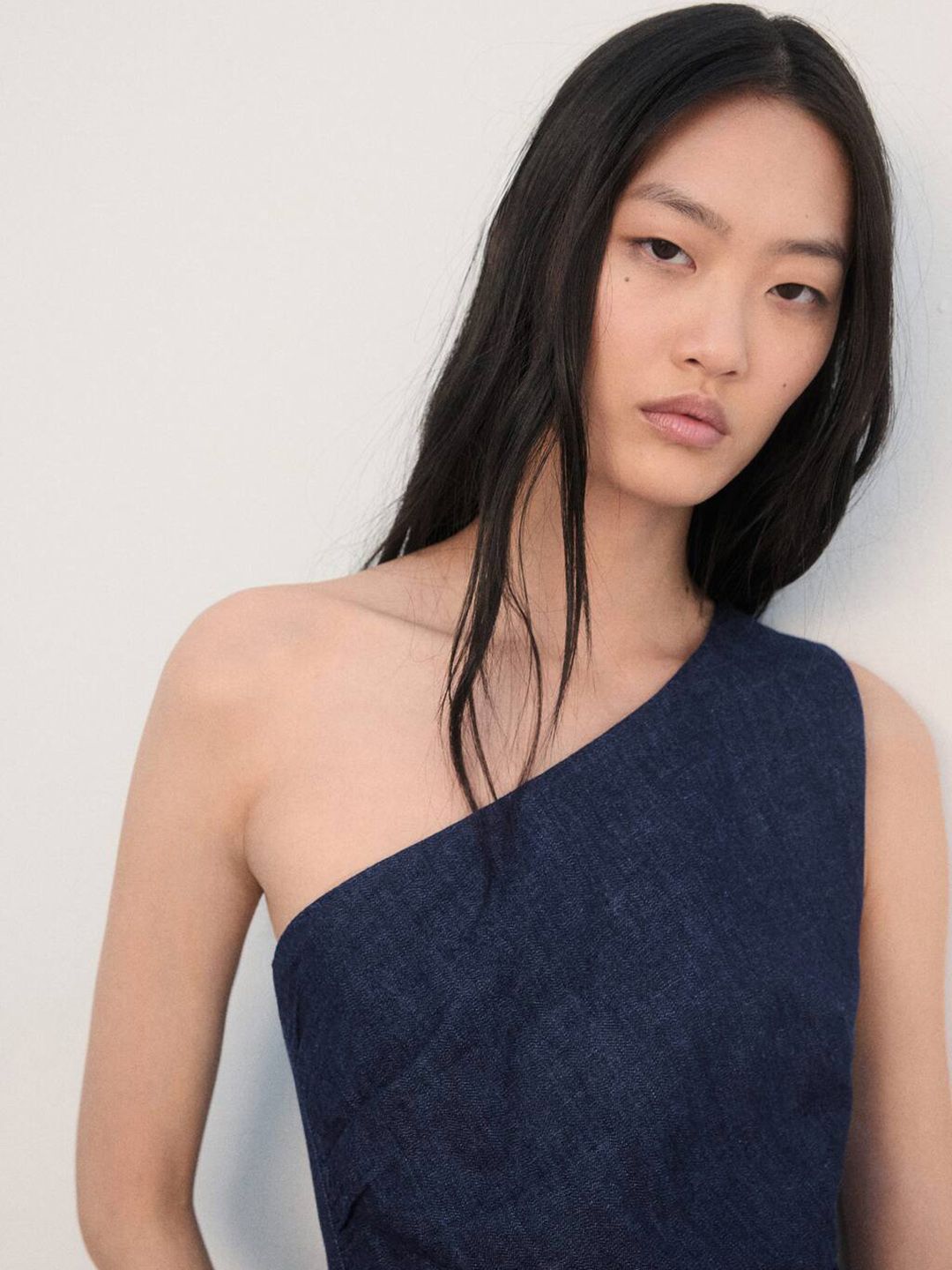 Denim One Shoulder Pure Cotton Sheath Midi Dress