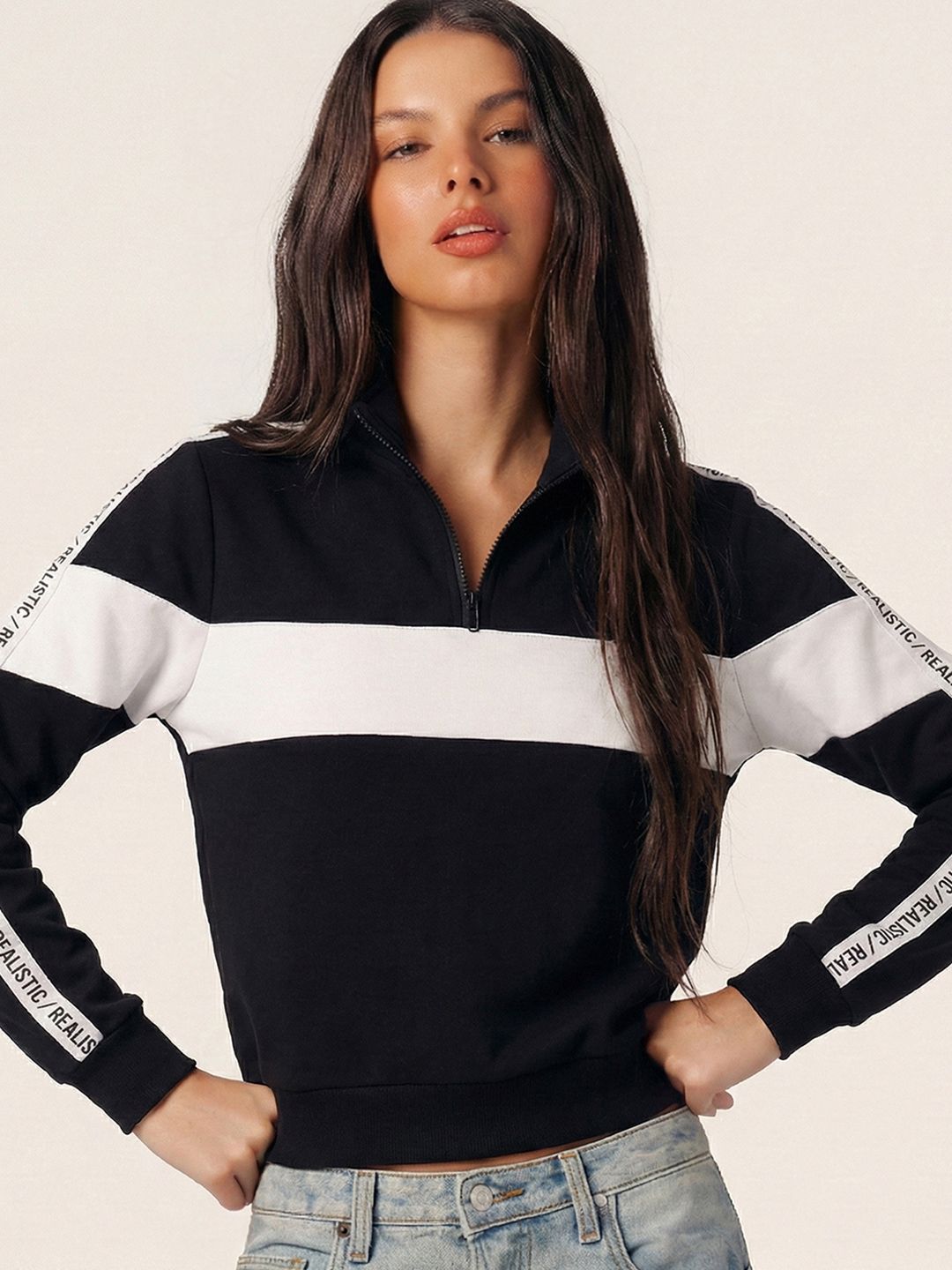 Tokyo Talkies Women Black & White Colourblocked Pullover Sweatshirt