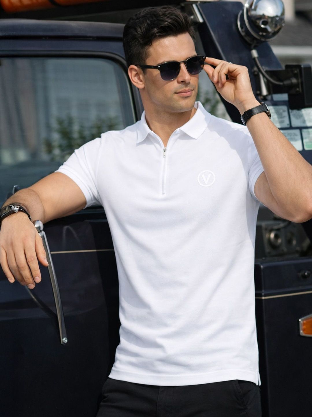 VEIRDO Men Polo Collar Pure Cotton Pockets T-shirt