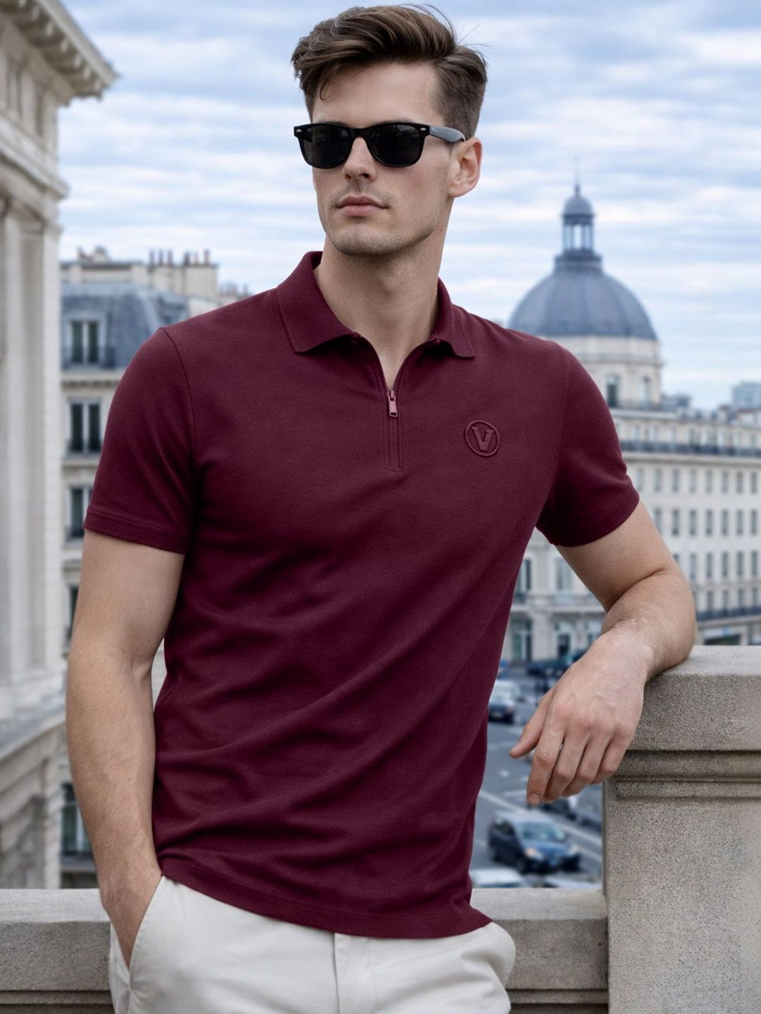 VEIRDO Men Polo Collar Pure Cotton Applique T-shirt