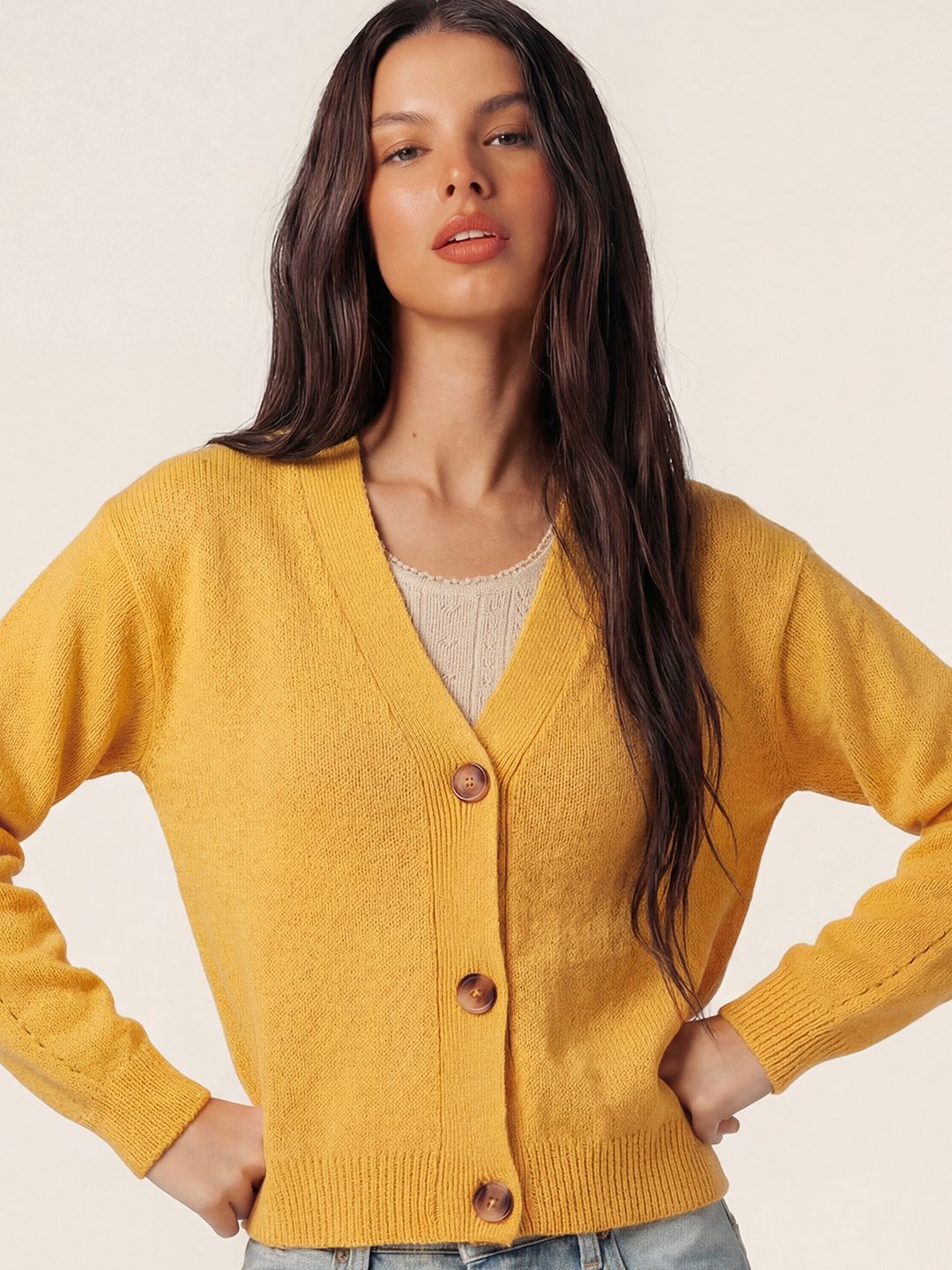 Tokyo Talkies Women Mustard Solid Long Sleeve Cardigan Sweater