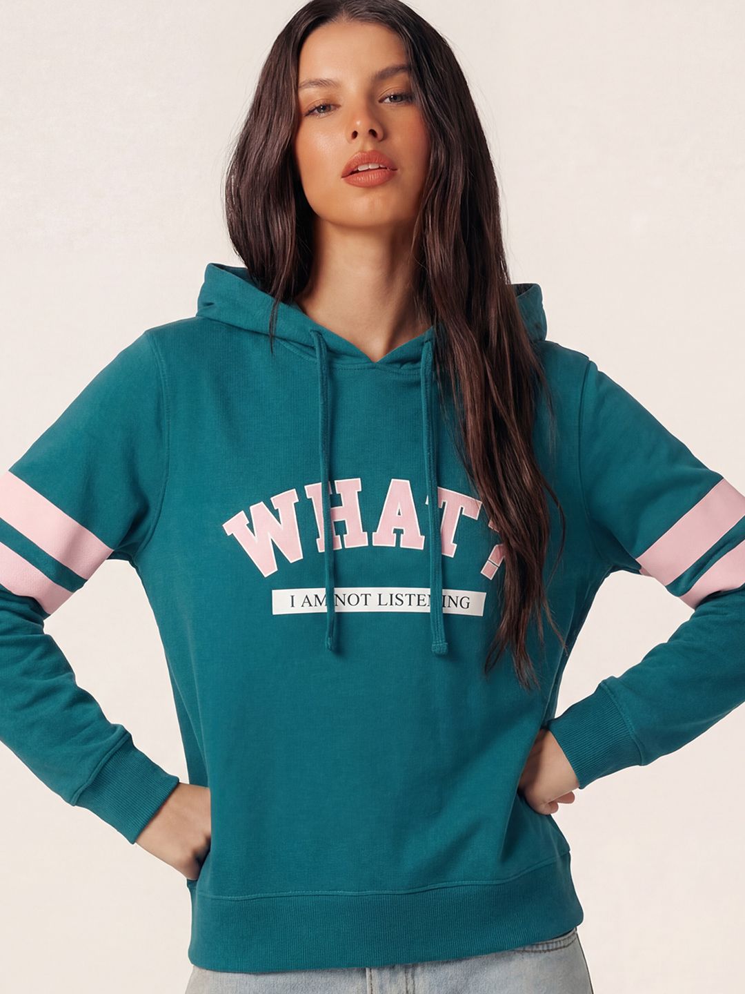 Tokyo Talkies Women Teal Green Printed Hooded Sweatshirt