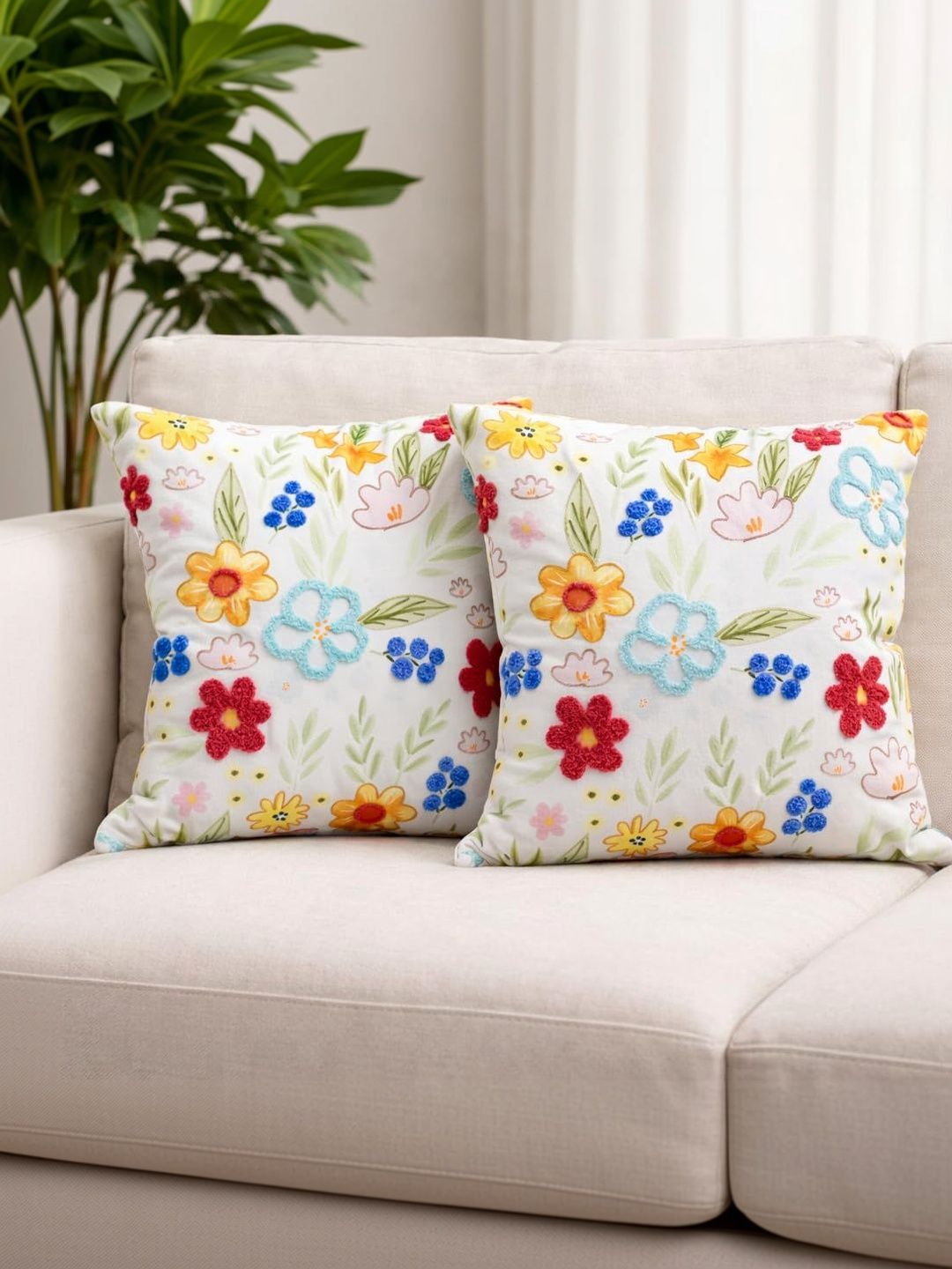 ZENSHA DECOR ZENSHA DECOR Multicoloured Set of 2 Floral Square Cushion Covers With Cushion Inserts