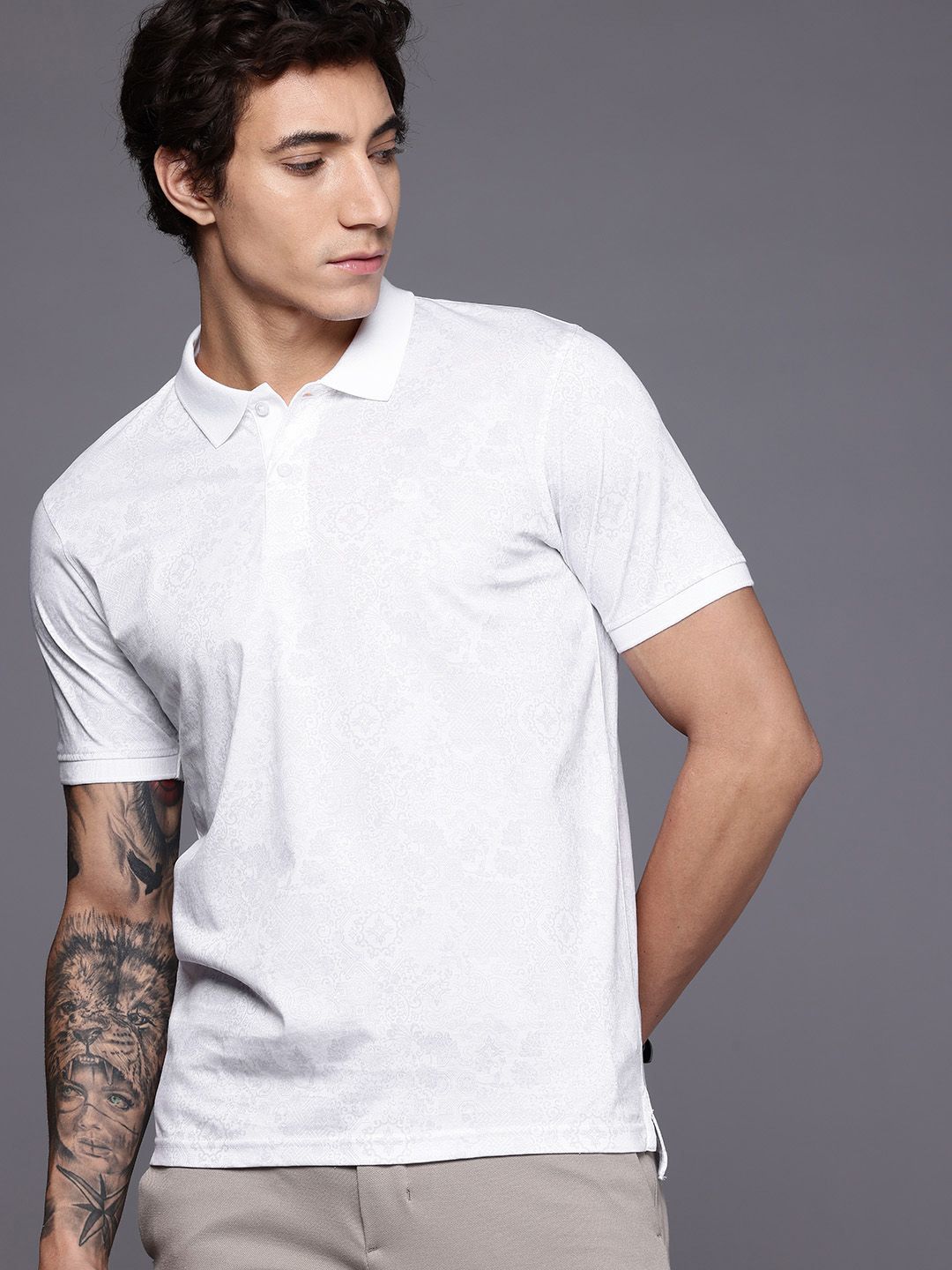 Pure Cotton Printed T-shirt Louis Philippe Ethnic Printed Polo Collar Pure Cotton T-shirt