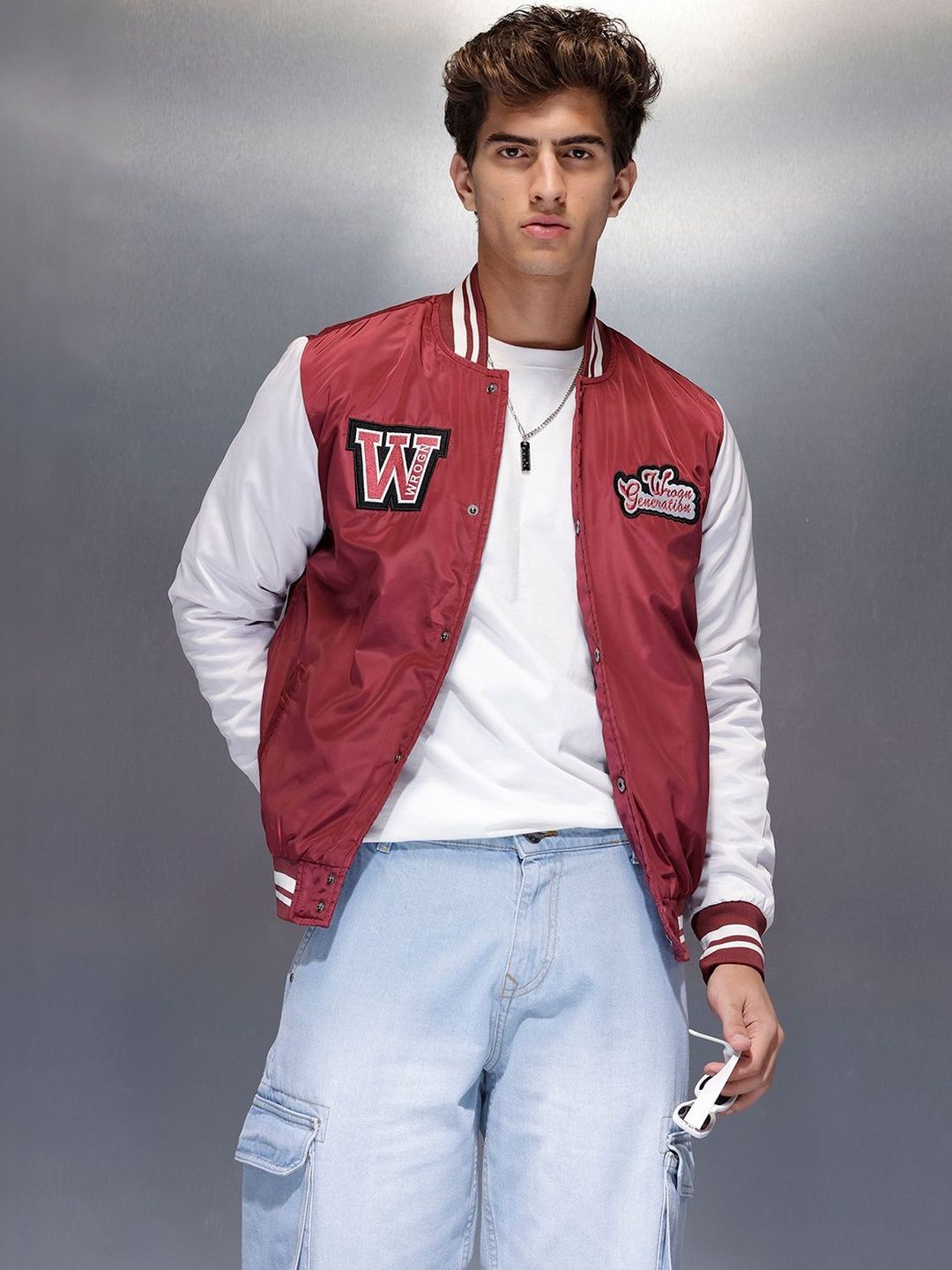 WROGN Men Colourblocked Varsity Jacket with Patchwork