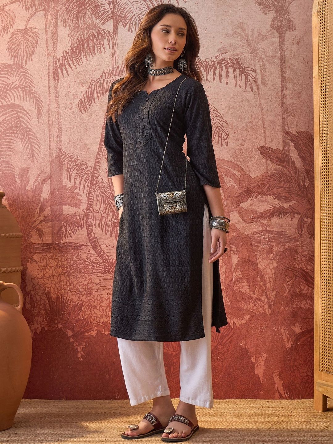 Sangria Embroidered Round Neck Calf Length Straight Kurtas