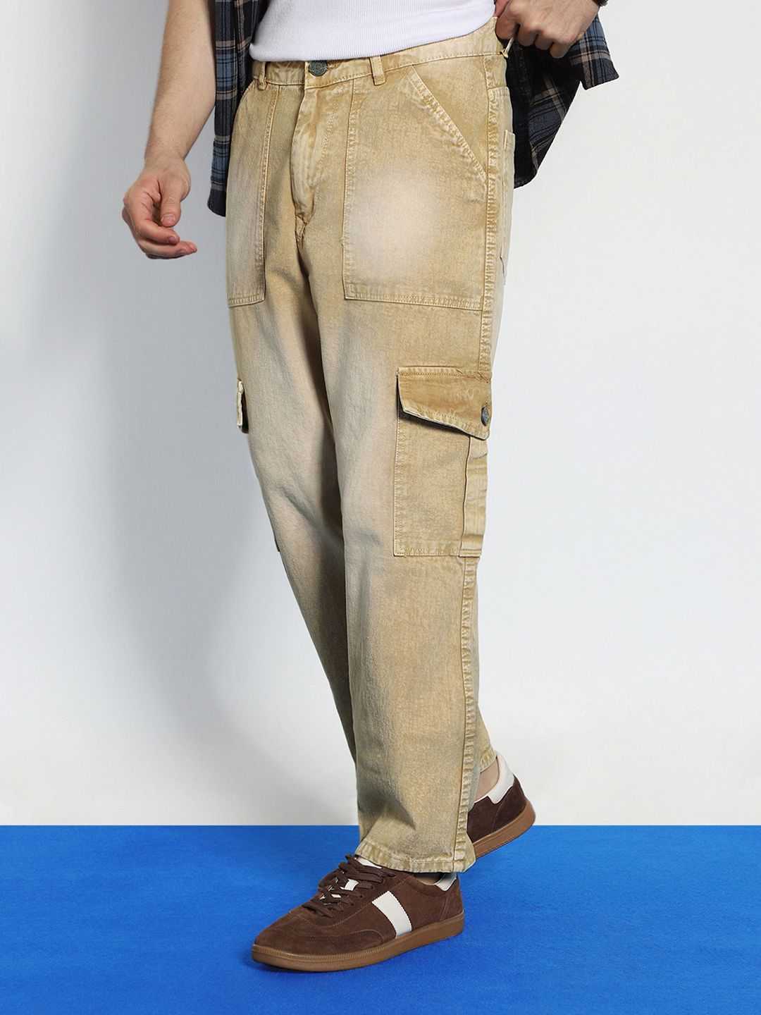 Urbano Fashion Men's Beige Loose Fit Cargo Jeans With 6 Pockets Non-Stretchable