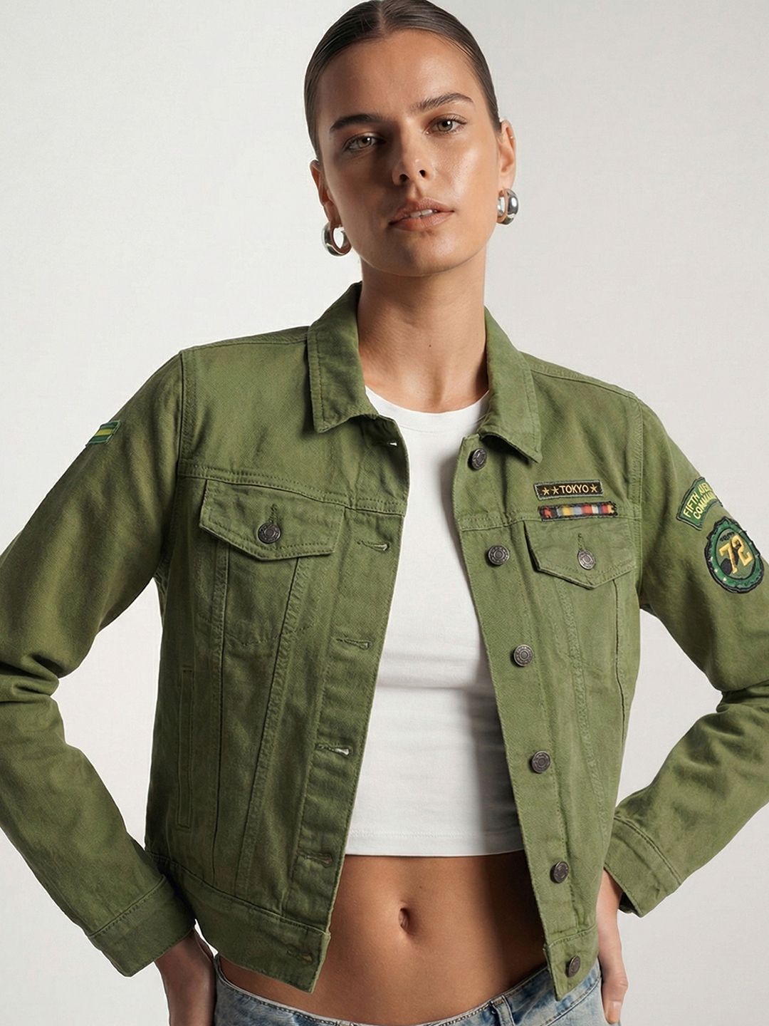 Tokyo Talkies Women Olive Green Solid Denim Jacket