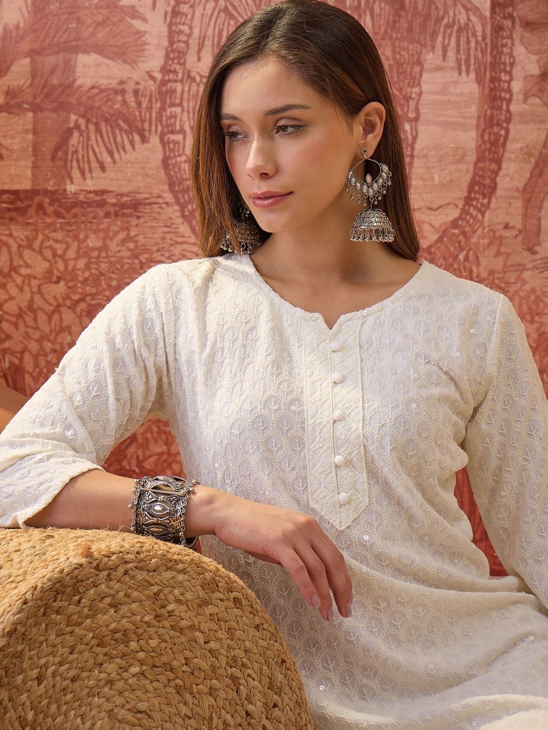 Sangria Sangria Women Ethnic Motifs Embroidered Chikankari Floral Kurta
