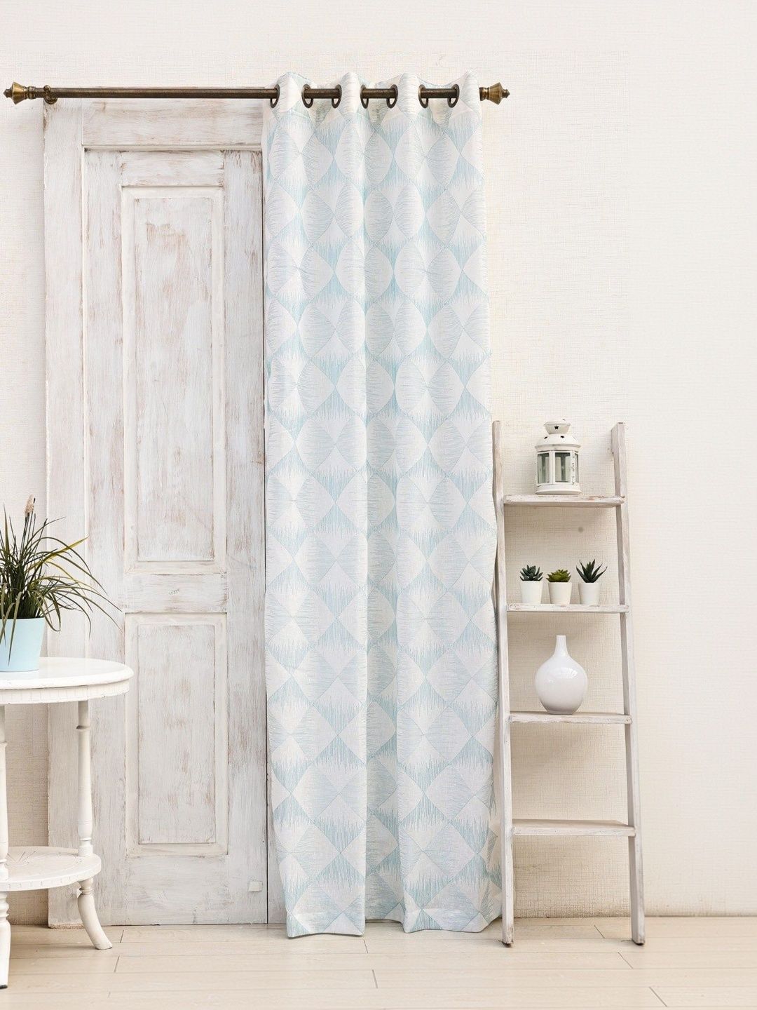 Ariana Ariana Turquoise Blue & Turquoise Blue Geometric Sheer Long Door Curtain