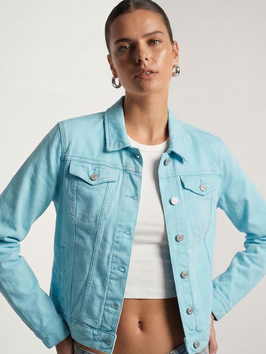 Tokyo Talkies Women Turquoise Blue Denim Jacket