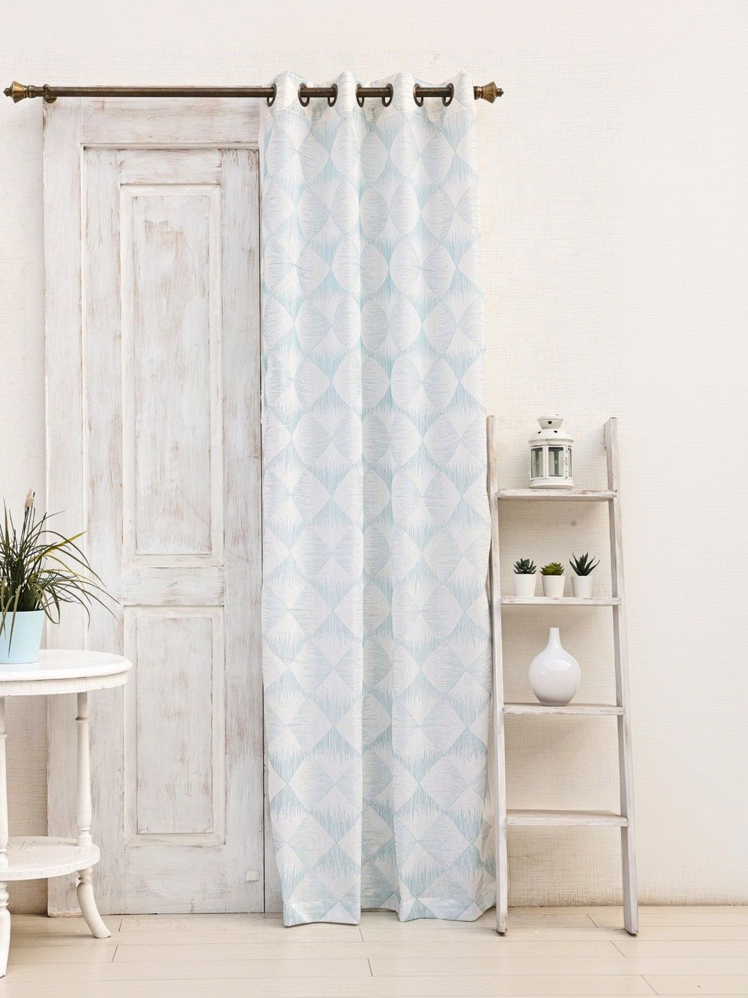 Ariana Ariana Turquoise Blue & Turquoise Blue Geometric Sheer Door Curtain