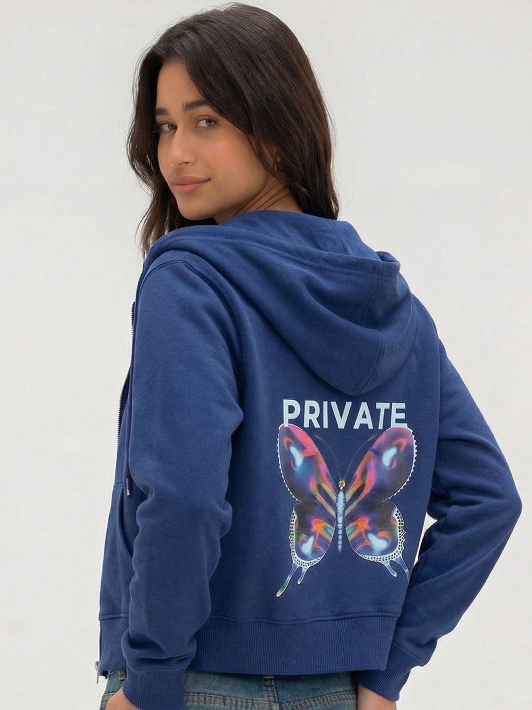 Tokyo Talkies Tokyo Talkies Women Navy Blue Printed Hooded Sweatshirt