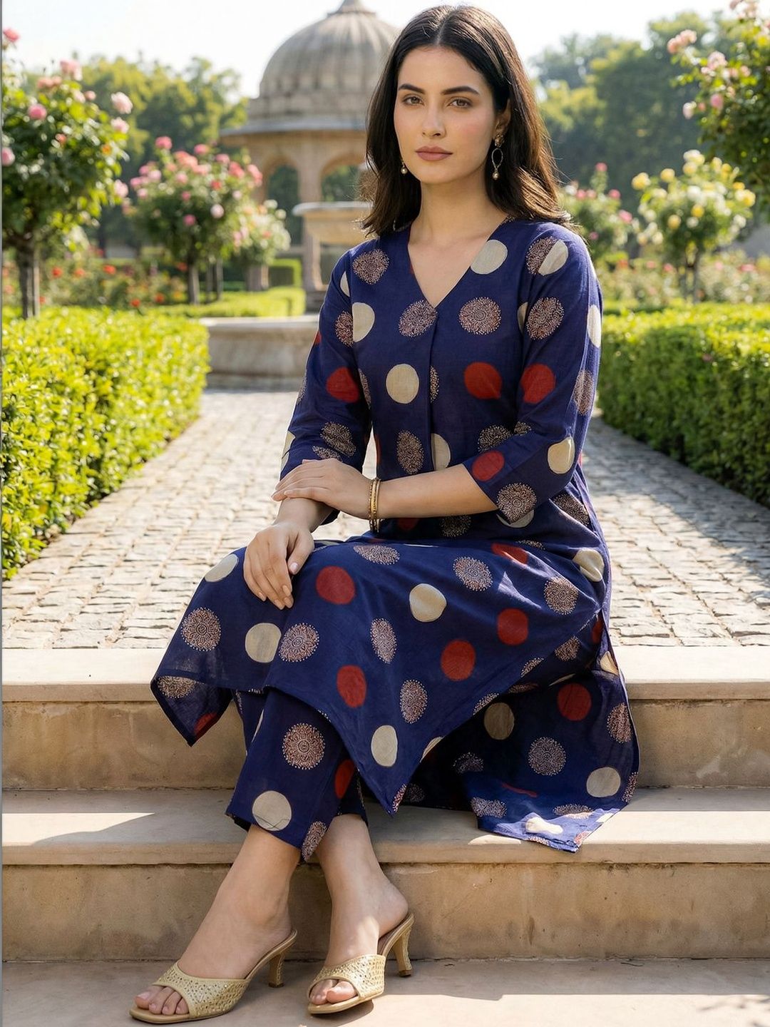 Indo Era Printed V-Neck Top With Trousers Co-Ords
