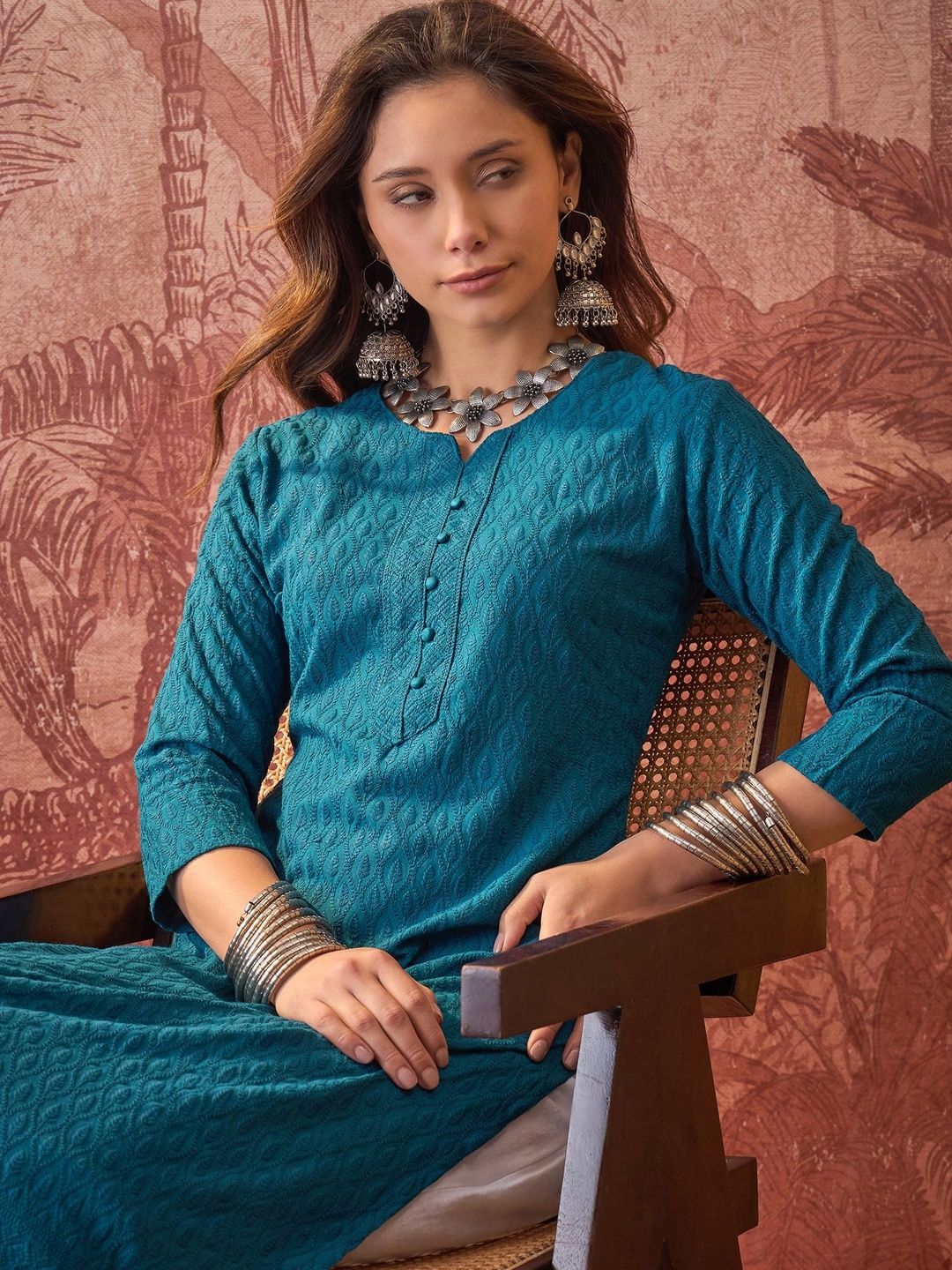 Sangria Embroidered  Round Neck Calf Length Straight Kurtas