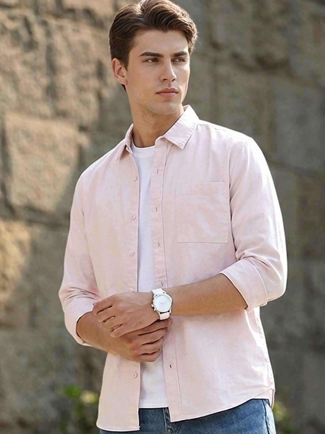 Urbano Fashion Men Spread Collar Solid Cotton Casual Shirt