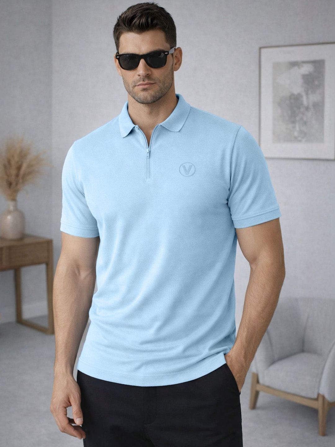VEIRDO Men Polo Collar Pure Cotton Applique T-shirt