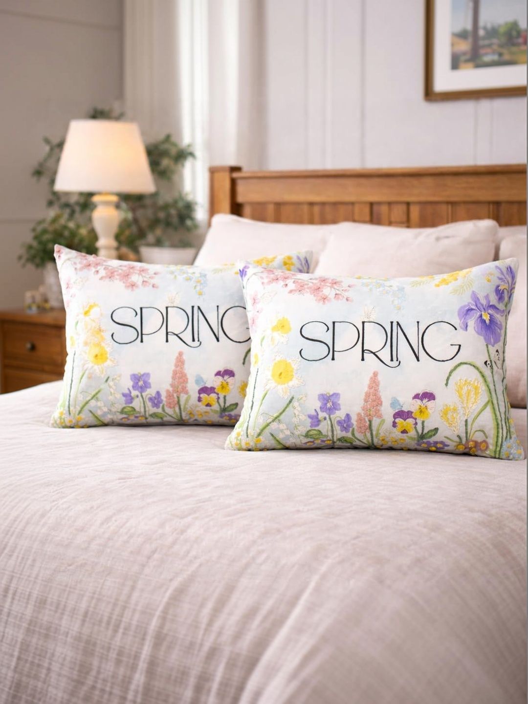 ZENSHA DECOR ZENSHA DECOR Green Set of 2 Floral Rectangle Cushion Covers With Cushion Inserts