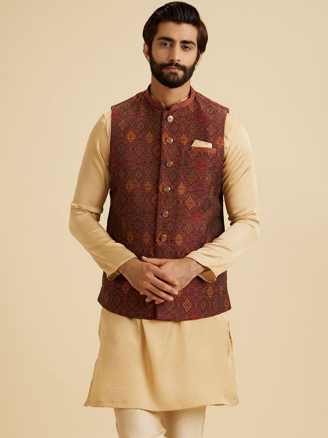 Manyavar Printed Mandarin Collar Nehru Jacket