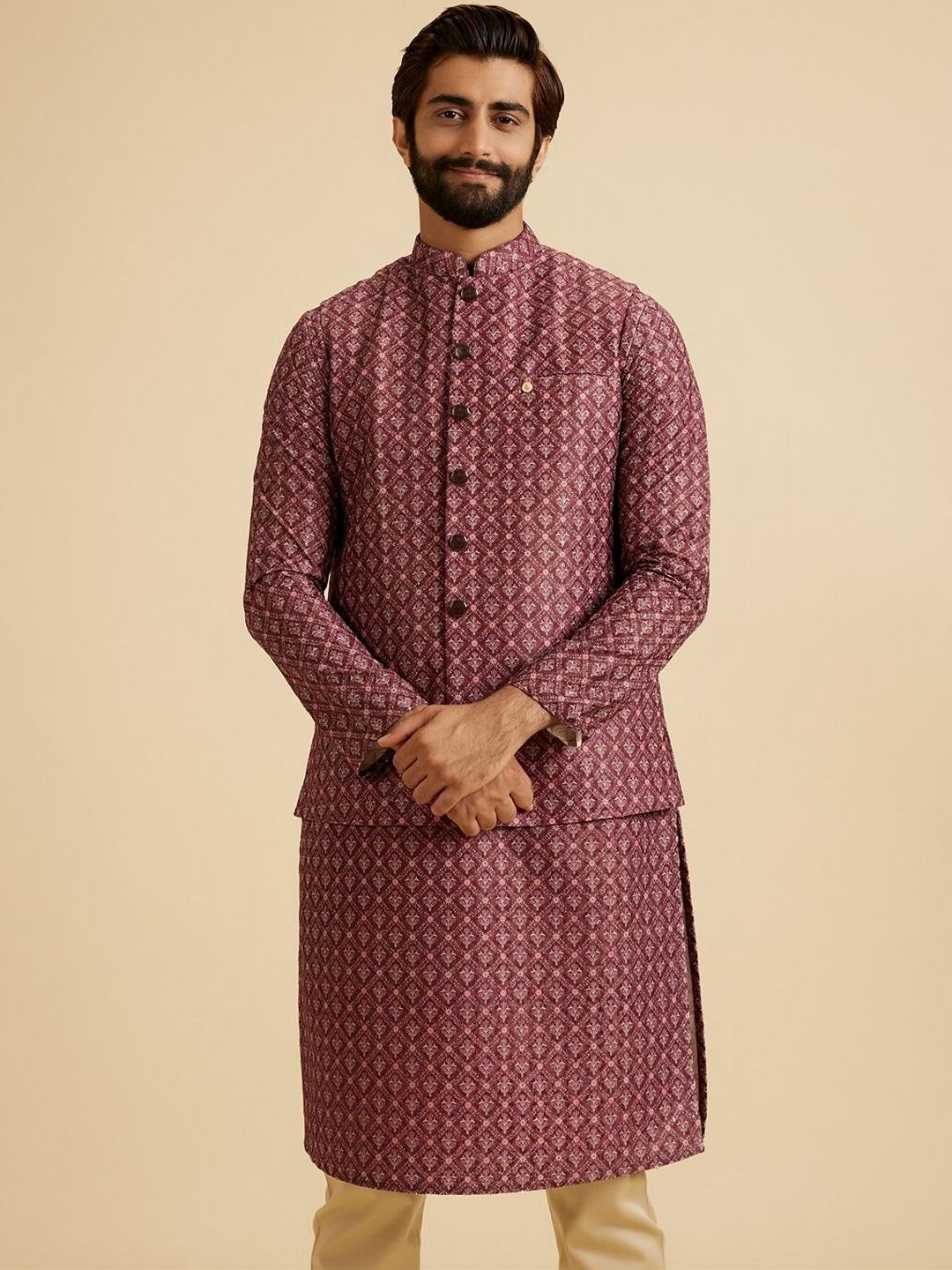 Manyavar Printed Mandarin Collar Nehru Jackets