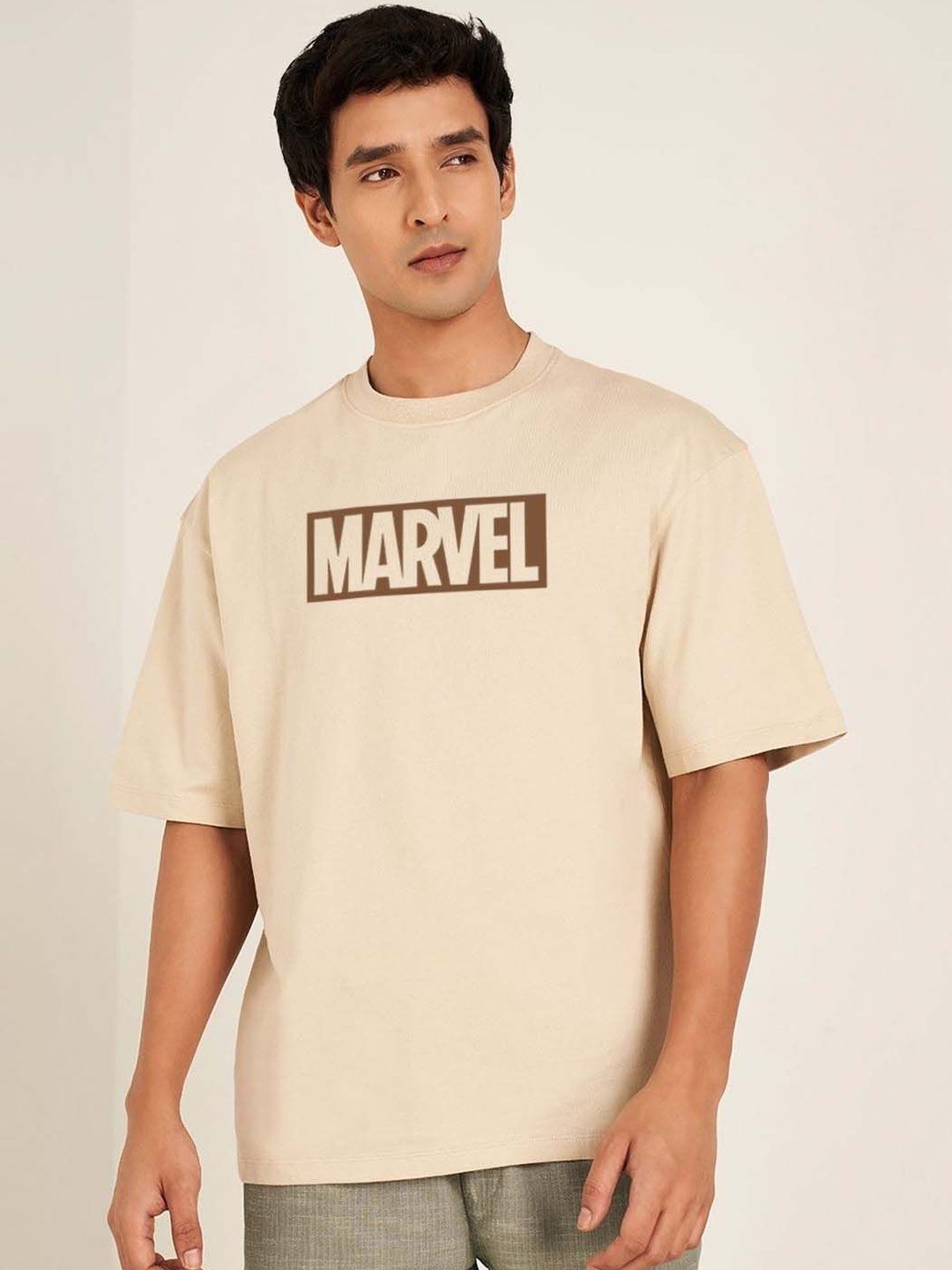 Organic Chics Marvel Men Brand Logo Printed Relaxed Fit Cotton T-shirt