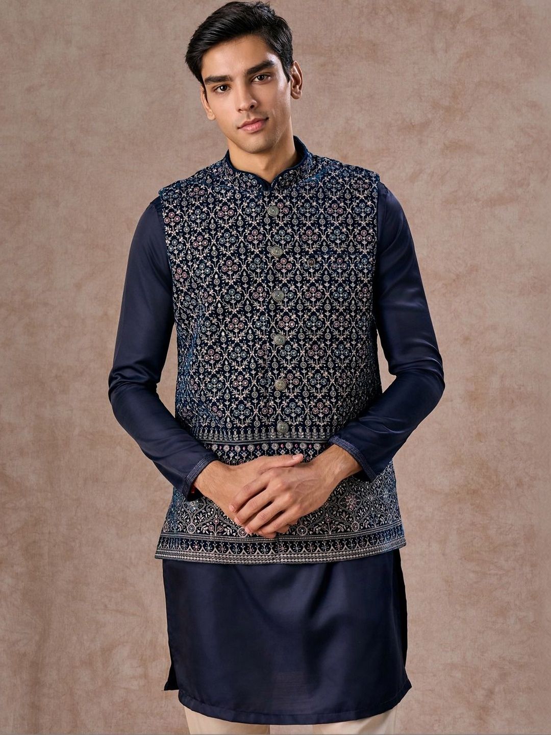 Manyavar Embroidered Velvet Nehru Jacket