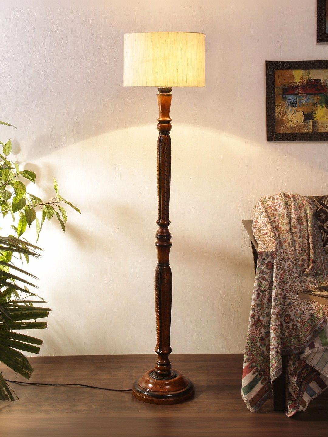 Aura Brown & Off White Textured Wooden Floor Lamps