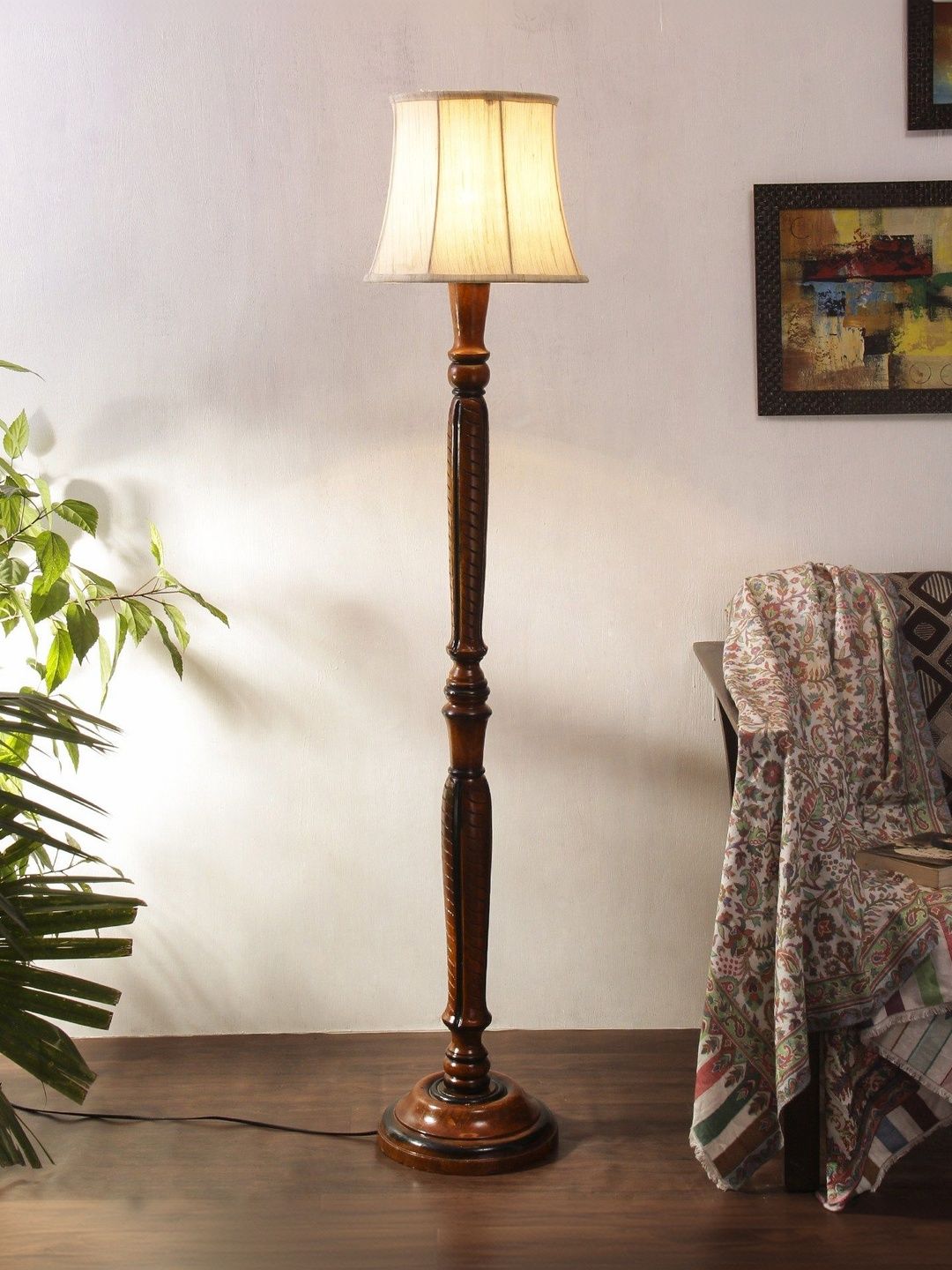 Aura Brown & Off White Textured Wooden Floor Lamps